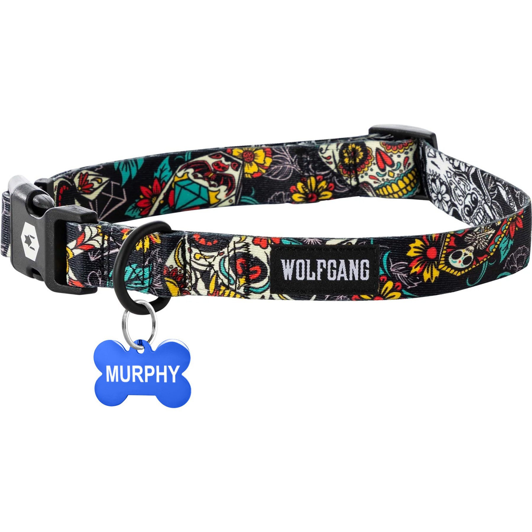 Wolfgang Personalized Fully Adjustable Dog Collar with Custom Engraved Blue Bone Tag, Losmuertos, Medium: 12 to 18-in neck, 1-in wide