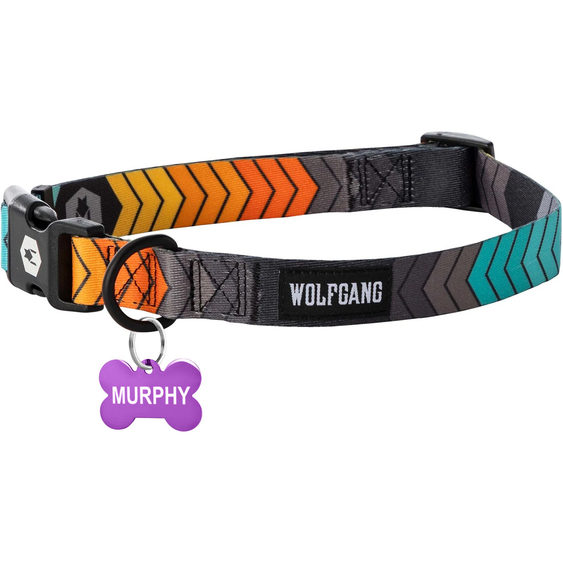 Wolfgang Personalized Fully Adjustable Dog Collar with Custom Engraved Purple Bone Tag, Chevtech, Medium: 12 to 18-in neck, 1-in wide