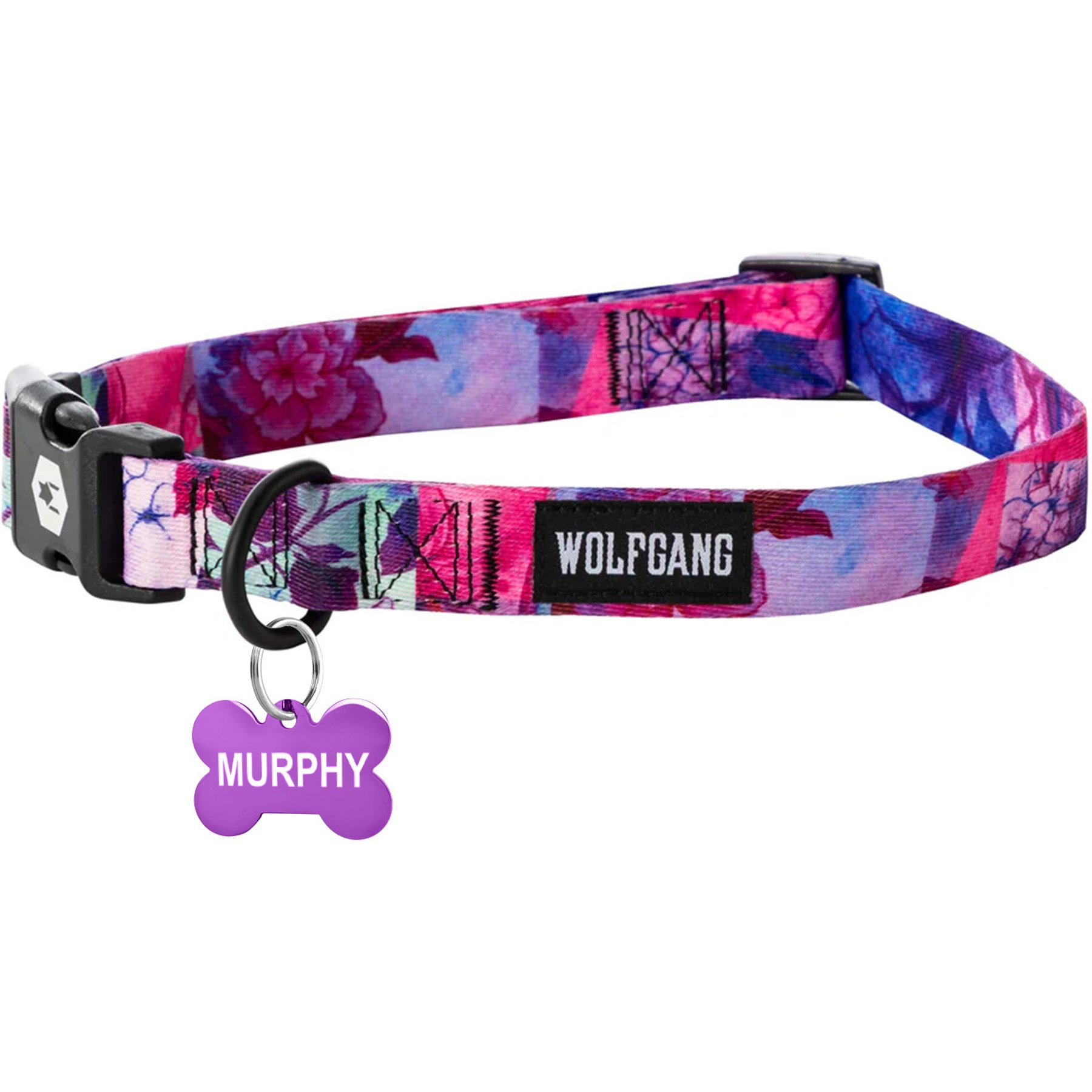 Wolfgang Personalized Fully Adjustable Dog Collar with Custom Engraved Purple Bone Tag, Daydream, Large: 18 to 26-in neck, 1-in wide