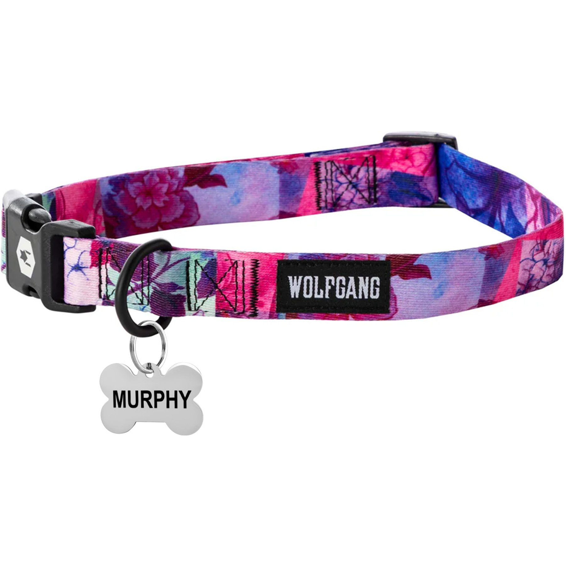 Wolfgang Personalized Fully Adjustable Dog Collar with Custom Engraved Silver Bone Tag, Daydream, Medium: 12 to 18-in neck, 1-in wide