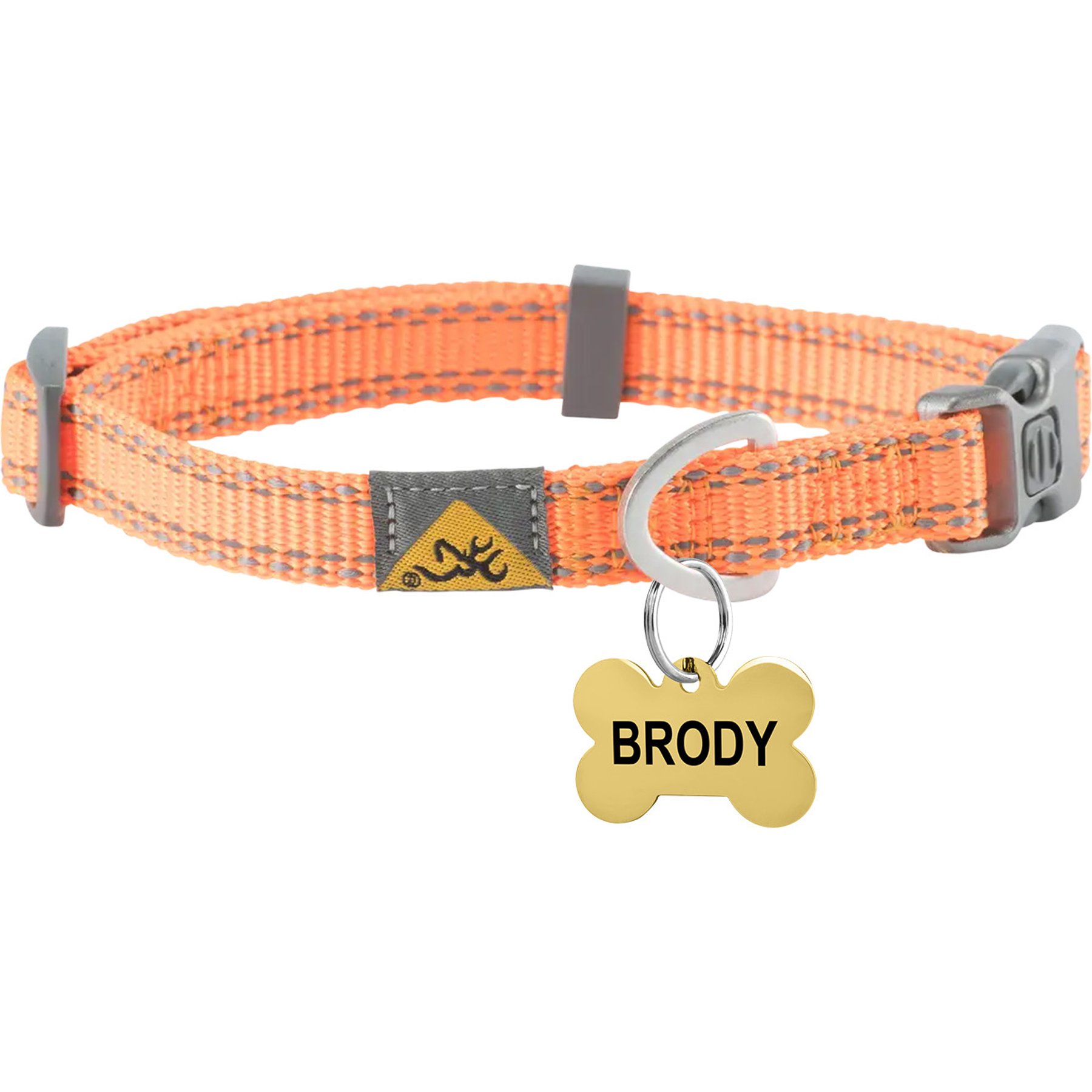 Browning Personalized Performance Webbing Fully Adjustable Dog Collar with Custom Engraved Gold Bone Tag, Safety Orange, Small: 10 to 16-in neck, 5/8-in wide