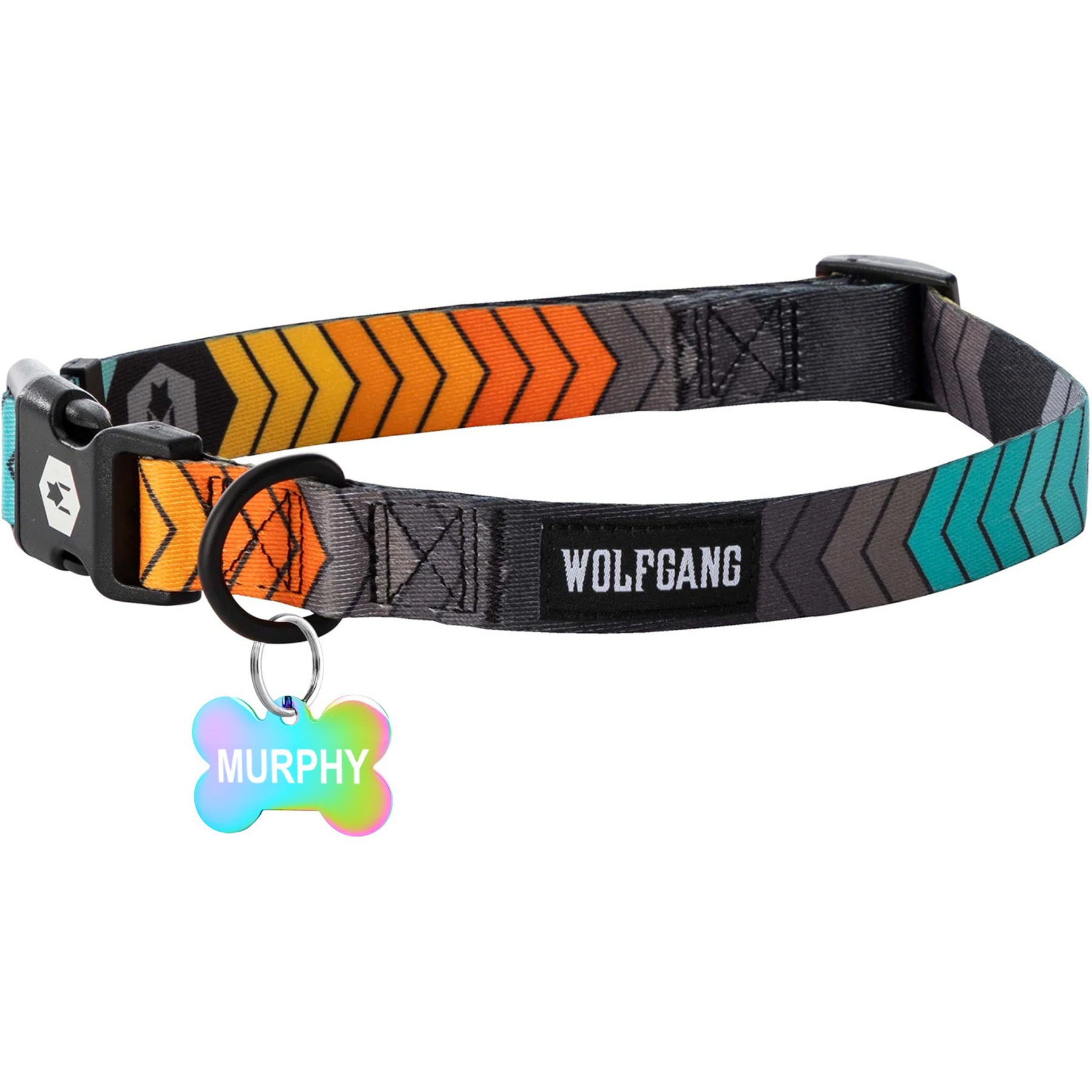 Wolfgang Personalized Fully Adjustable Dog Collar with Custom Engraved Rainbow Bone Tag, Chevtech, Large: 18 to 26-in neck, 1-in wide