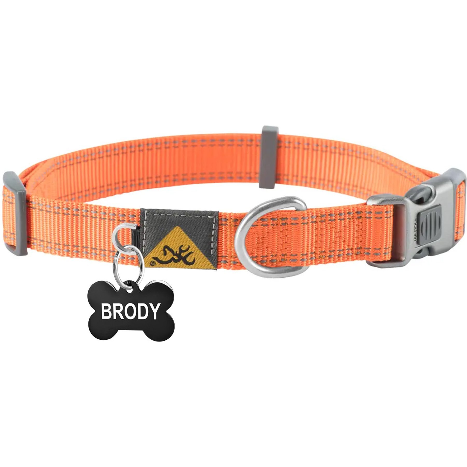 Browning Personalized Performance Webbing Fully Adjustable Dog Collar with Custom Engraved Black Bone Tag, Safety Orange, Large: 18 to 28-in neck, 1-in wide
