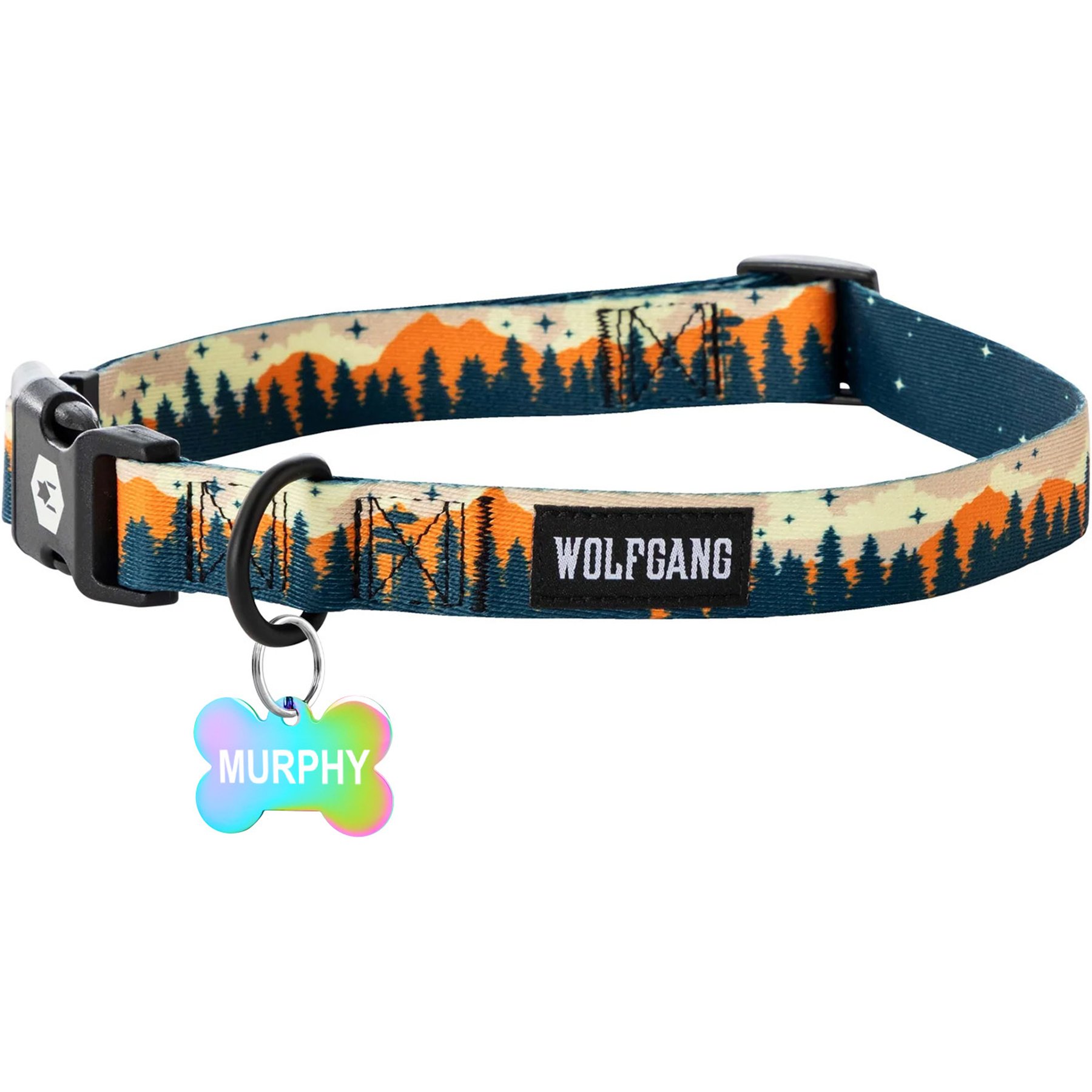 Wolfgang Personalized Fully Adjustable Dog Collar with Custom Engraved Rainbow Bone Tag, Overland, Medium: 12 to 18-in neck, 1-in wide