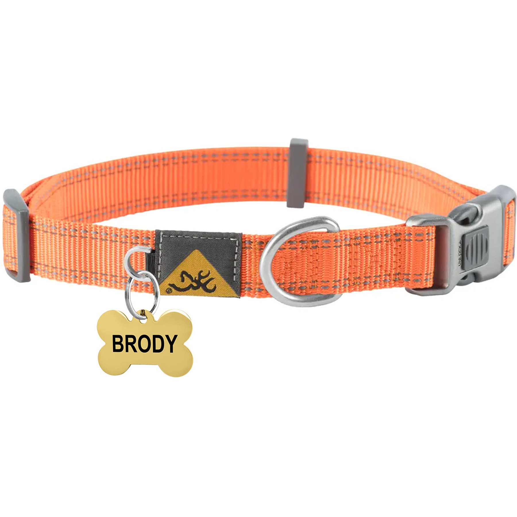 Browning Personalized Performance Webbing Fully Adjustable Dog Collar with Custom Engraved Gold Bone Tag, Safety Orange, Large: 18 to 28-in neck, 1-in wide