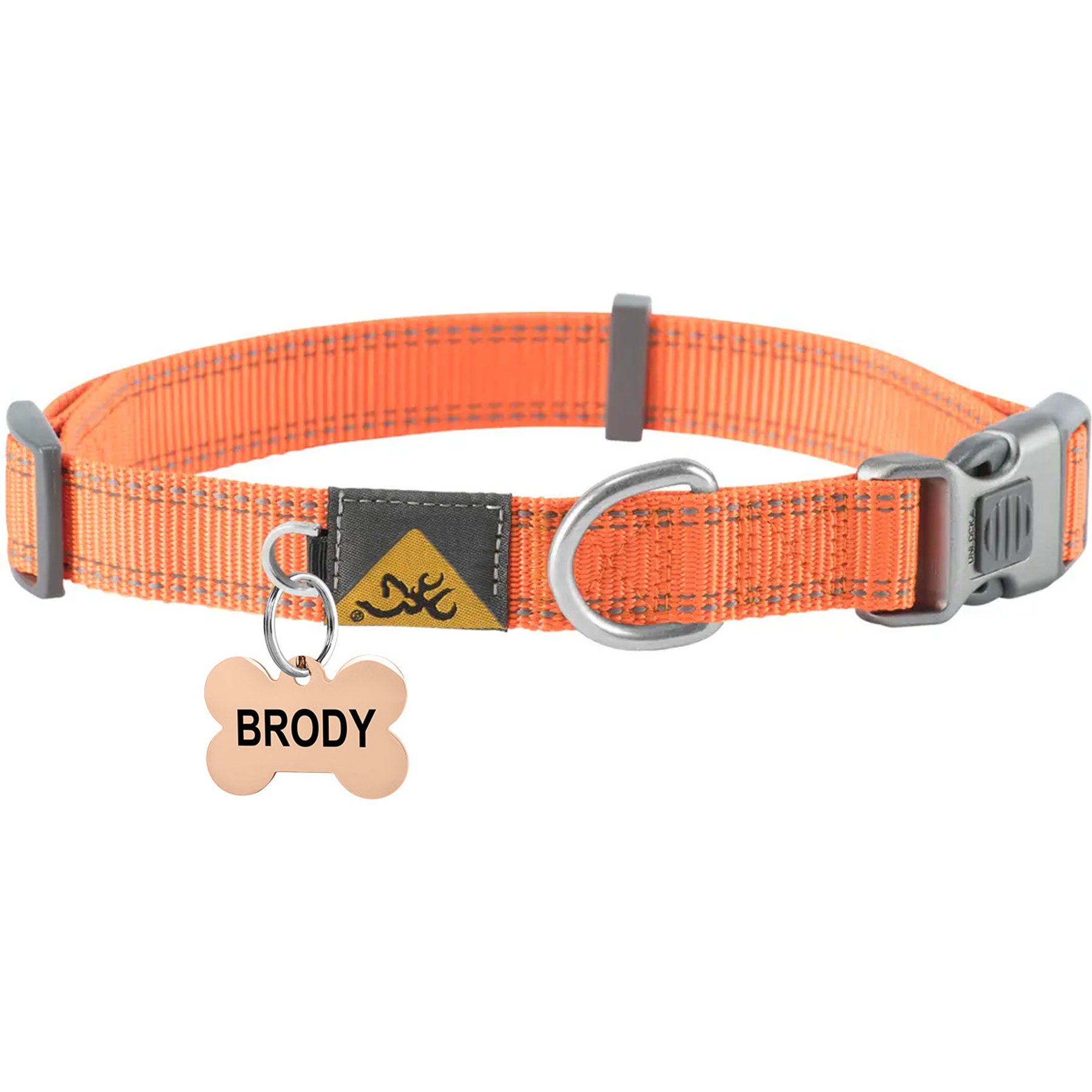 Browning Personalized Performance Webbing Fully Adjustable Dog Collar with Custom Engraved Rose Gold Bone Tag, Safety Orange, Large: 18 to 28-in neck, 1-in wide