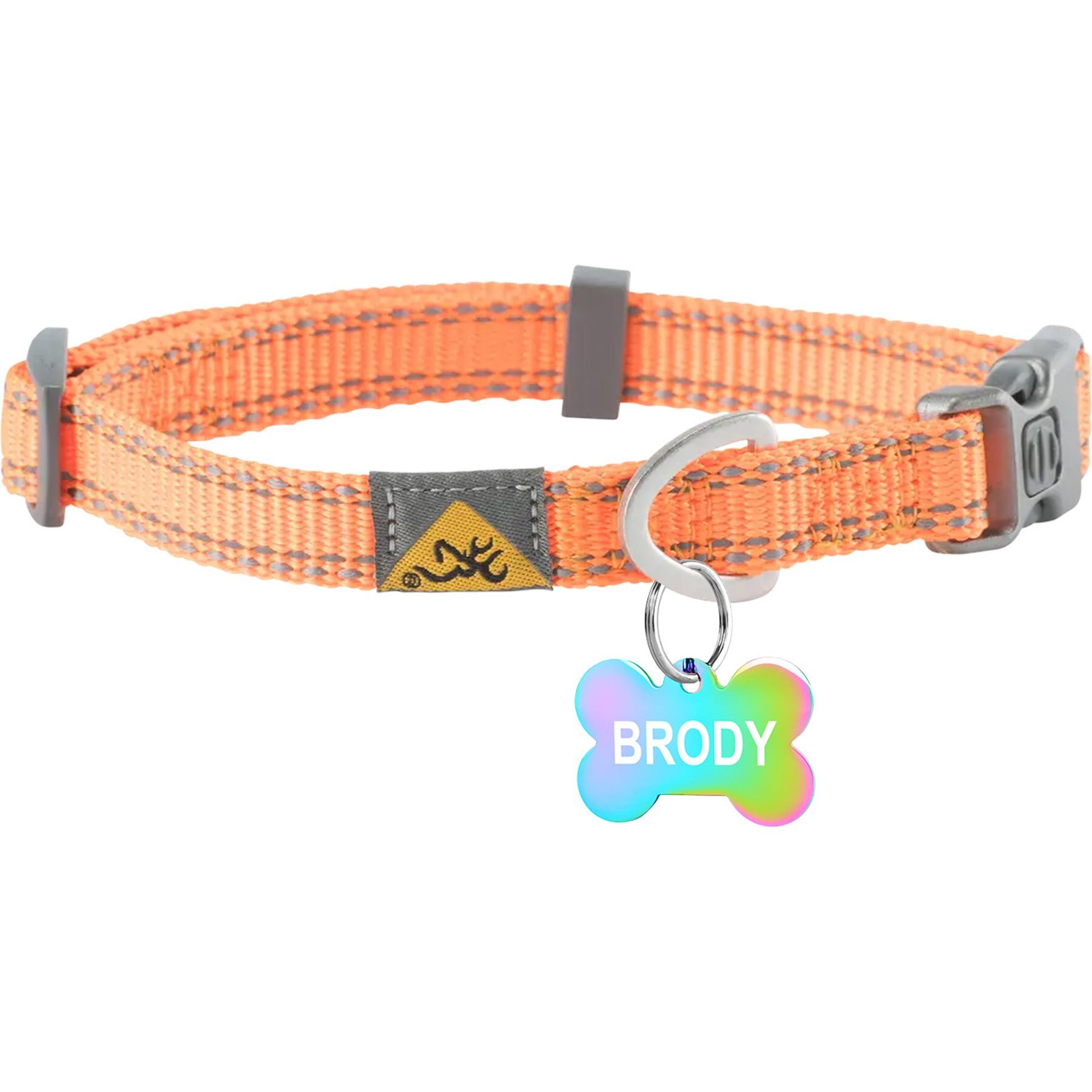 Browning Personalized Performance Webbing Adjustable Dog Collar with Custom Engraved Rainbow Bone Tag, Safety Orange, Small: 10 to 16-in neck, 5/8-in wide
