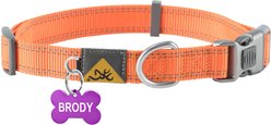 Browning Personalized Performance Webbing Fully Adjustable Dog Collar with Custom Engraved Purple Bone Tag, Safety Orange, Large: 18 to 28-in neck, 1-in wide