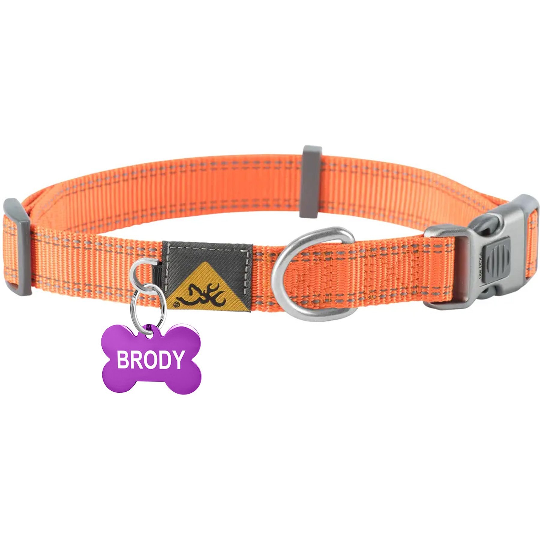 Browning Personalized Performance Webbing Fully Adjustable Dog Collar with Custom Engraved Purple Bone Tag, Safety Orange, Medium: 14 to 20-in neck, 1-in wide