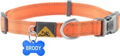 Browning Personalized Performance Webbing Fully Adjustable Dog Collar with Custom Engraved Blue Bone Tag, Safety Orange, Large: 18 to 28-in neck, 1-in wide