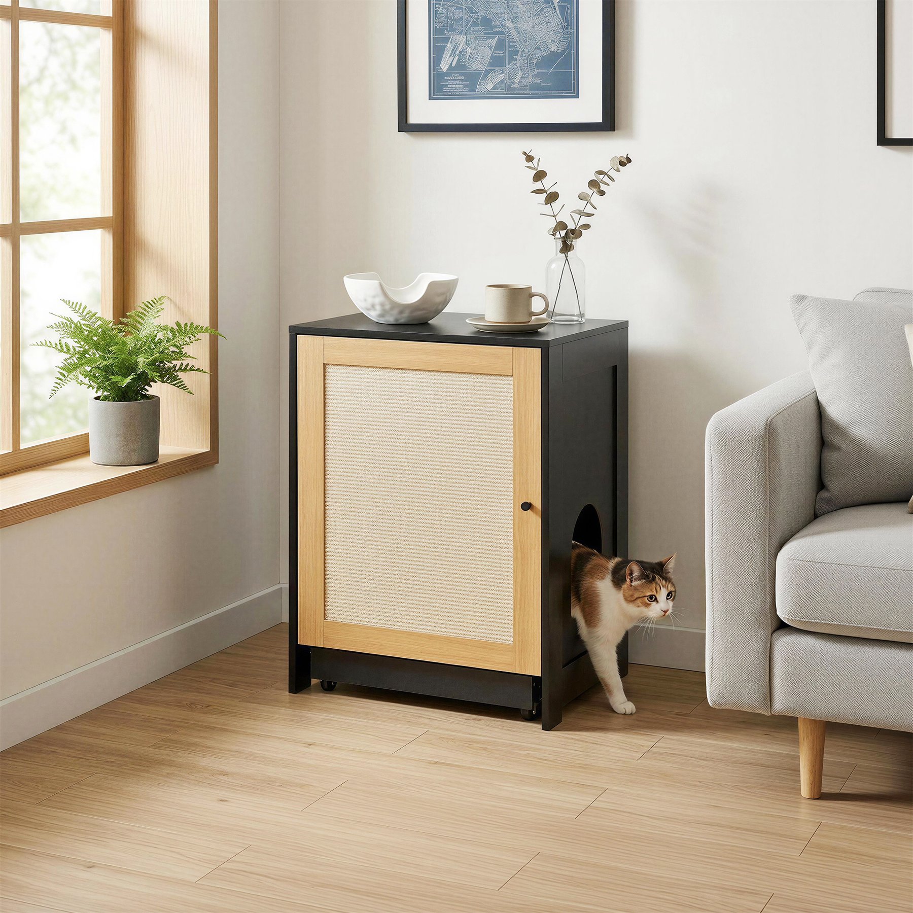 Yafylly Hidden Cabinet Cat Litter Box Enclosure with Sisal Door, Black