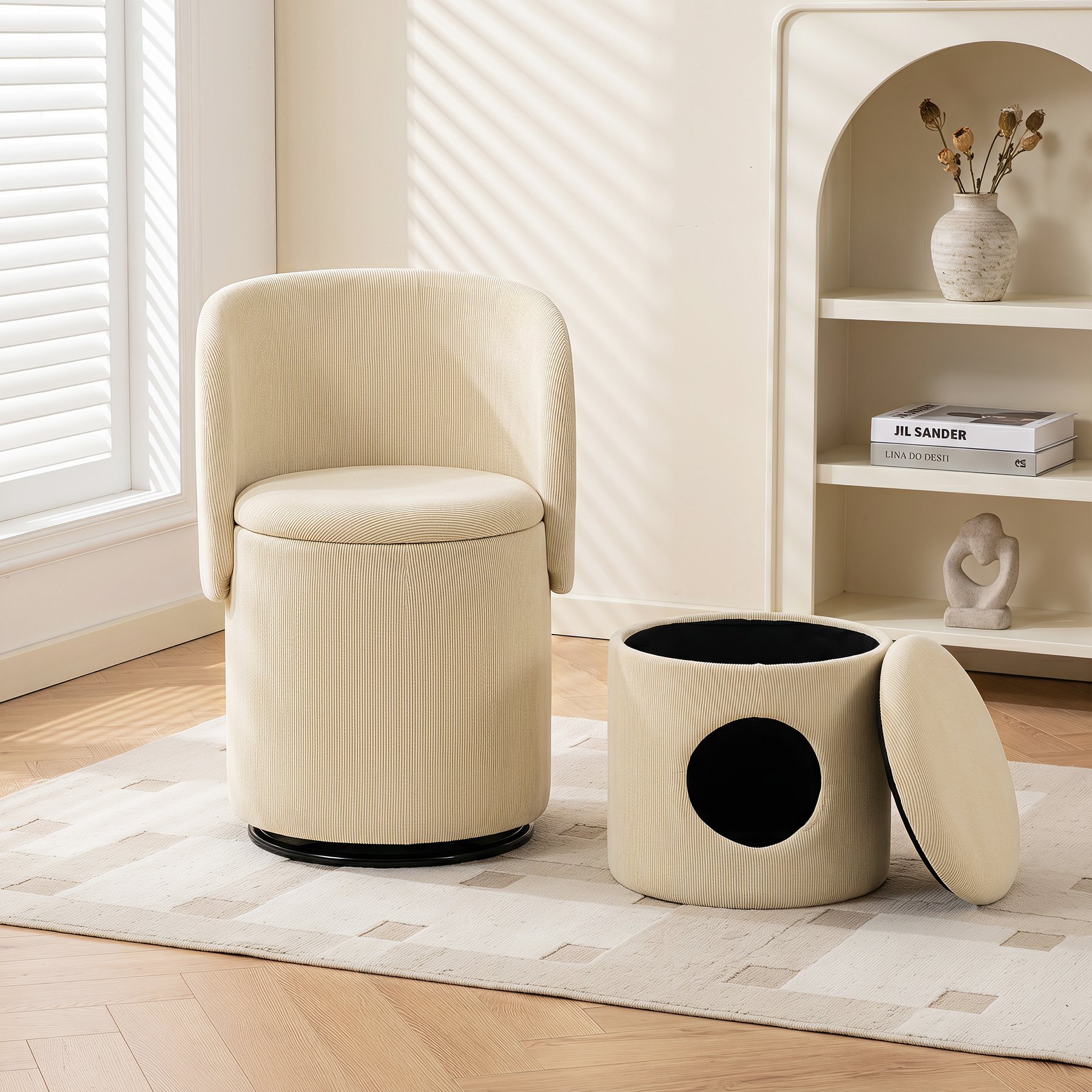 Yafylly Corduroy 360 Degree Swivel Vanity Chair Cat Bed Ottoman & Storage, Beige