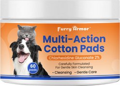 Furry Armor Multi-Action Cotton Pads Dog & Cat Grooming Wipes, 60 count