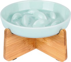 Mora Pets Raised Ceramic Slow Feeder Cat Bowl & Bamboo Stand, Green