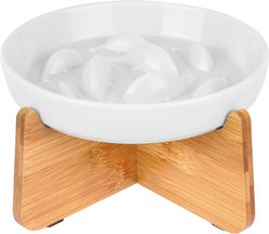 Mora Pets Raised Ceramic Slow Feeder Cat Bowl & Bamboo Stand, White