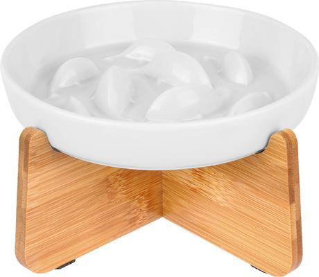 MORA PETS Raised Ceramic Slow Feeder Cat Bowl & Bamboo Stand