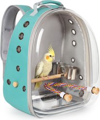 Halinfer Clear Window Ventilated Wooden Rope Perch Travel Backpack Bird Carrier, 3-lb bag, Green