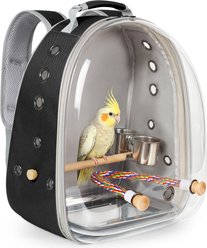Halinfer Clear Window Ventilated Wooden Rope Perch Travel Backpack Bird Carrier, 3-lb bag, Black