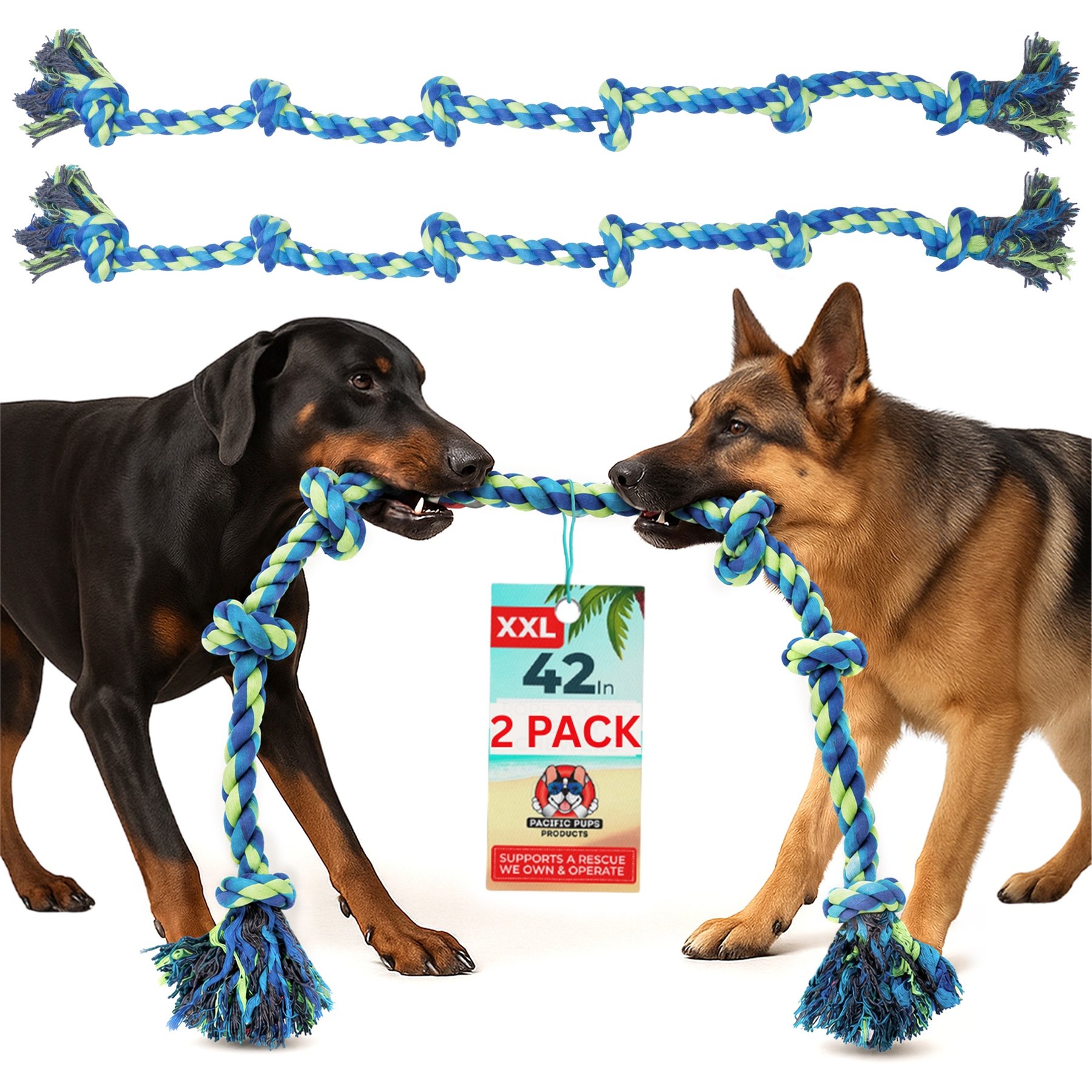 Pacific Pups Rescue Knotted Tough Rope Tug Dog Toy, XX-Large, 2 count, Neon