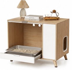 furrybaby Flip-Up Door & Sliding Tray Hidden Storage Cabinet Wooden Indoor Cat House with Cat Litter Box Enclosure, White, 35 x 22 x 7-in