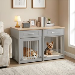 furrybaby Furniture Style End Table with Storage Drawer Dog Crate, Grey