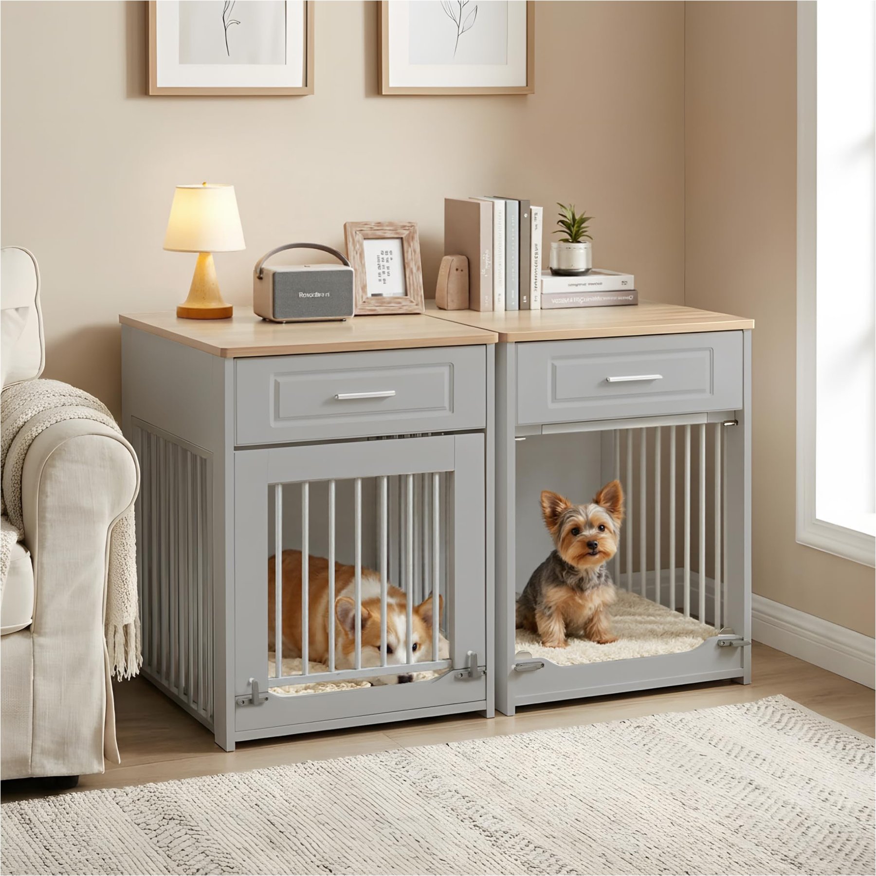 furrybaby Furniture Style End Table with Storage Drawer Dog Crate, Grey