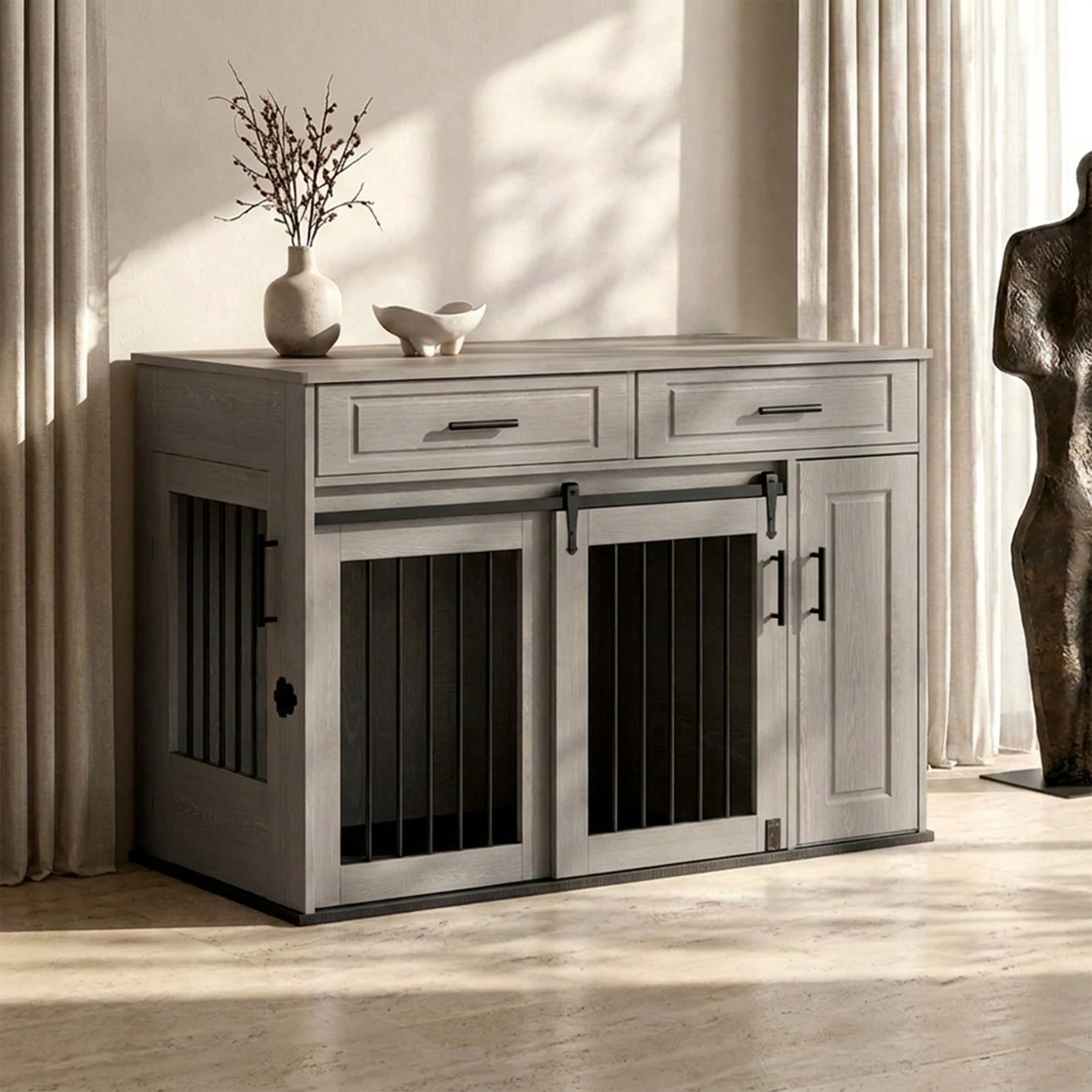 furrybaby Wooden Sliding Door & Storage Cabinet End Table Furniture Style Dog Crate, Grey