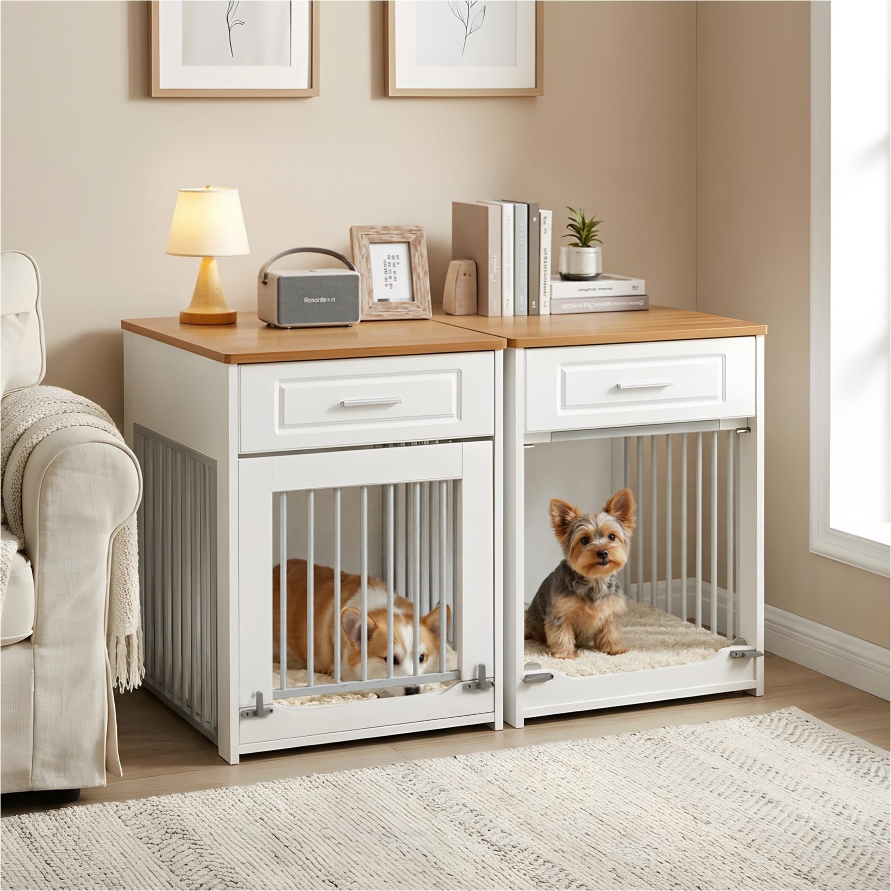 furrybaby Furniture Style End Table with Storage Drawer Dog Crate, White