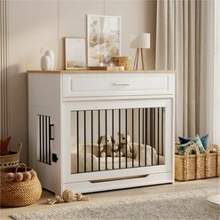 furrybaby Wooden Flip-Up Door 360° Rotating Dog Bowl & Storage Drawer Furniture Style Dog Crate, White