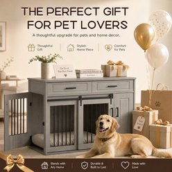 furrybaby Wooden Sliding Door & Storage Cabinet End Table Furniture Style Dog Crate, Grey slide 2 of 9