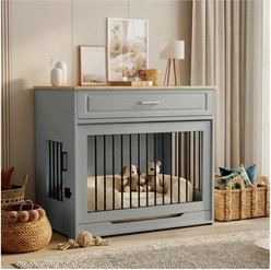 furrybaby Modern Wooden End Table with 360° Swivel Bowls & Drawer Dog Crate, Grey