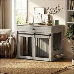 furrybaby Sliding Door & 360° Spinning Bowls Furniture Style Dog Crate, Grey, 40 inch