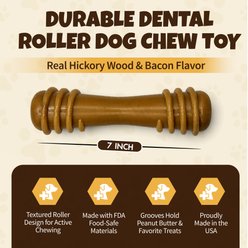 EVERFETCH Durable Dental Roller with Real Hickory Wood & Bacon Flavor Tough Chew Dog Toy, Green, 7-in slide 2 of 6