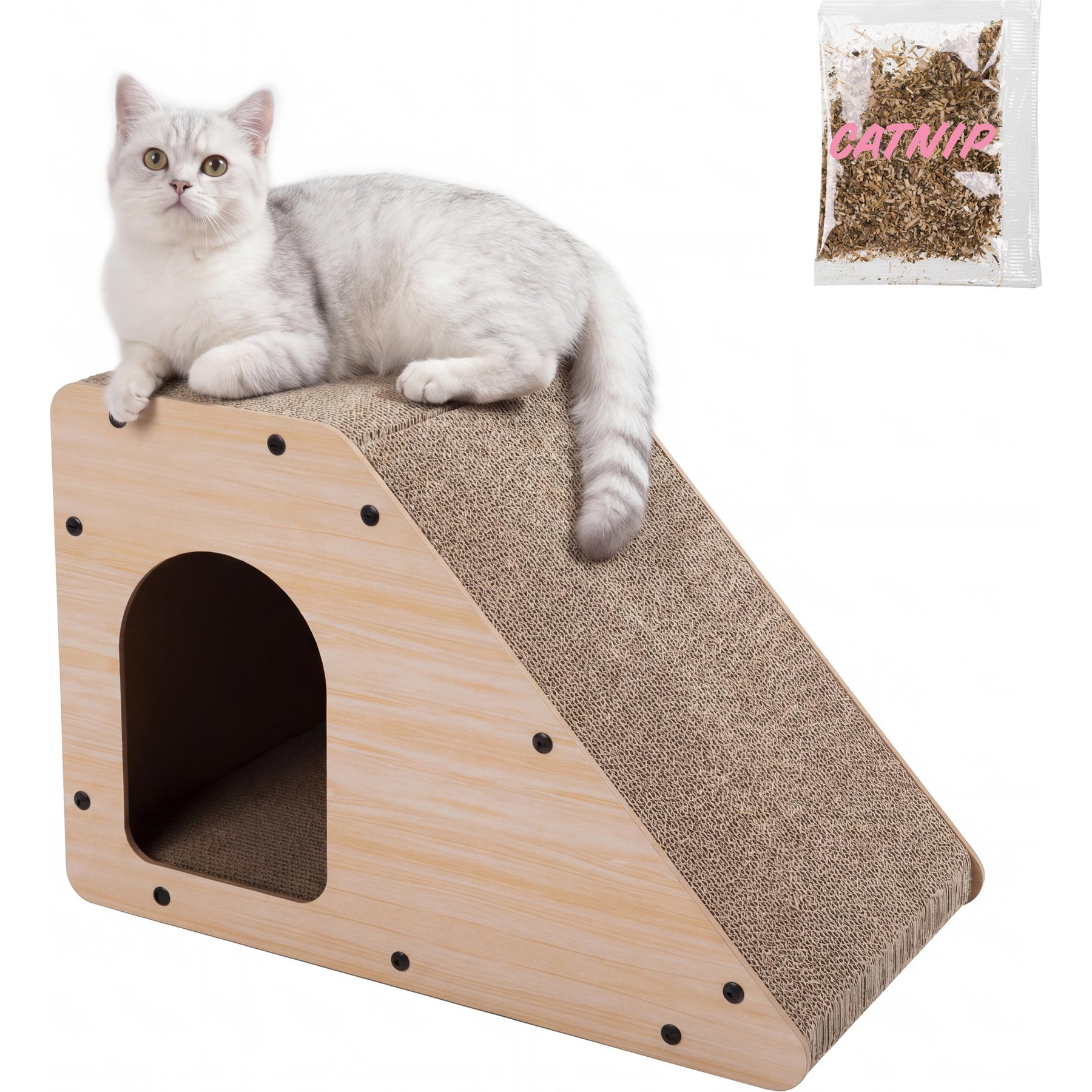 THE LICKER STORE Kento Minimalist 23.63-in Cardboard Angled Cat Cave Scratcher with Catnip, Oak Wood Finish