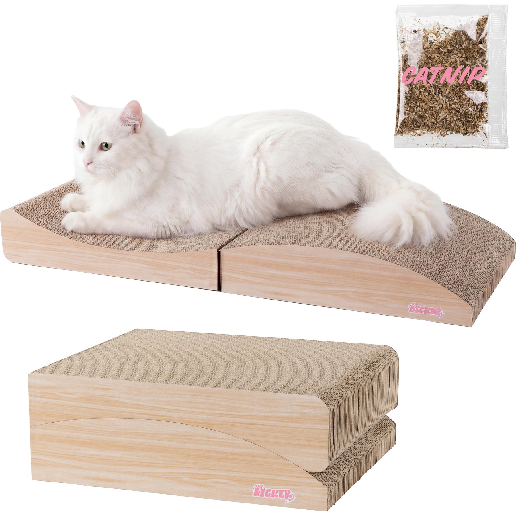 THE LICKER STORE Eero Modern 32-in Cardboard Foldable Lounge Cat Scratcher with Catnip, Oak Wood Finish