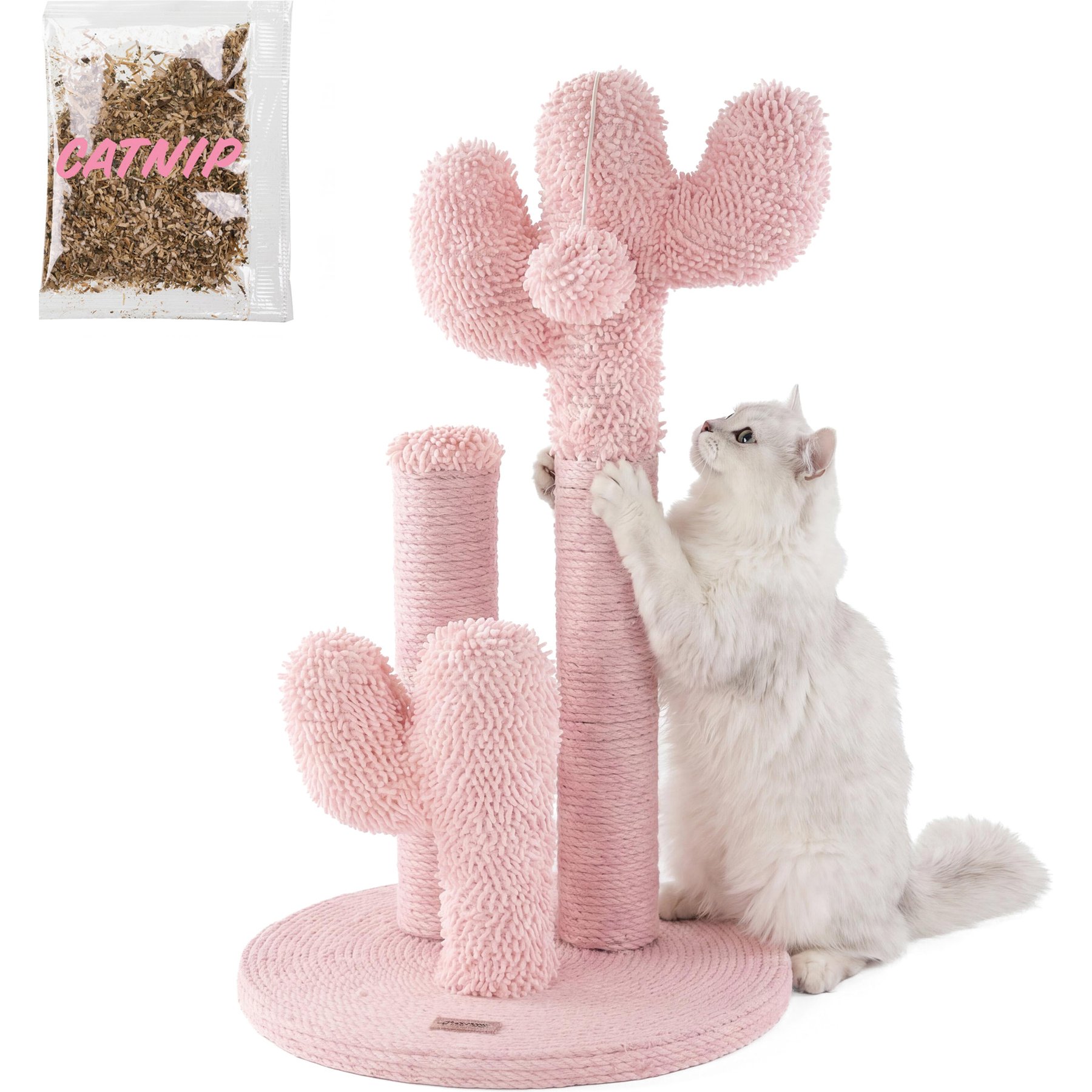 THE LICKER STORE Marfa Modern Jute Triple-Cactus with Fuzzy Toy Cat Scratching Post, Pink, 21.5-in