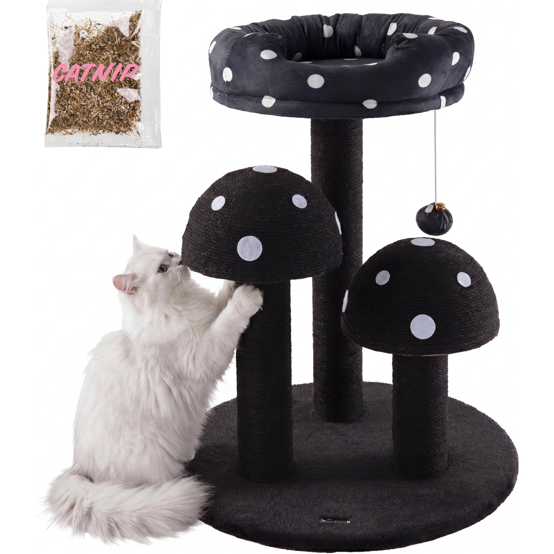 THE LICKER STORE Pixie Cottage 22.5-in 3-Tier Sisal Mushroom Cat Tree with Scratching Posts, Napping Perch & Dangling Bell Toy, Black/White point