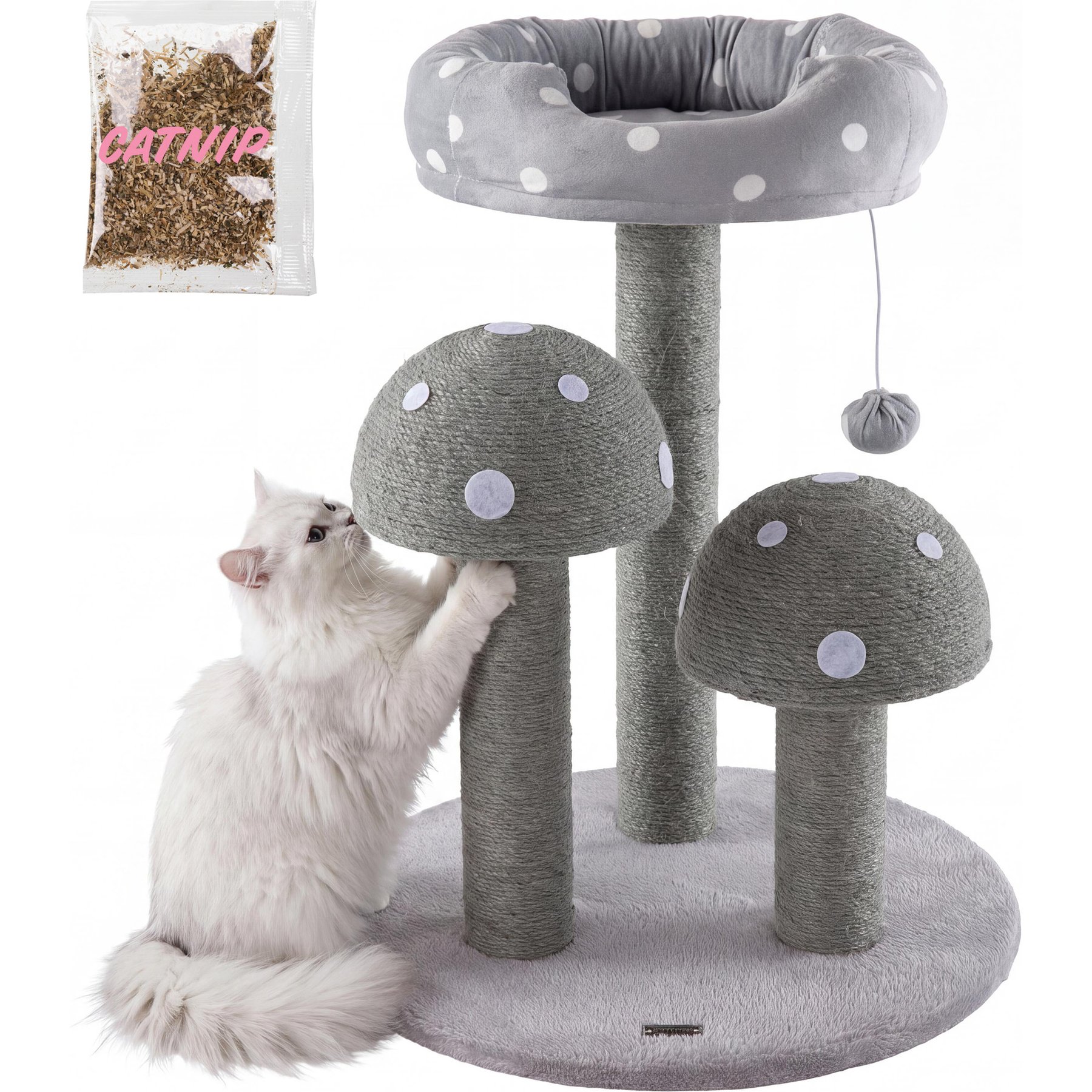 THE LICKER STORE Pixie Cottage 22.5-in 3-Tier Sisal Mushroom Cat Tree with Scratching Posts, Napping Perch & Dangling Bell Toy, Grey/White point