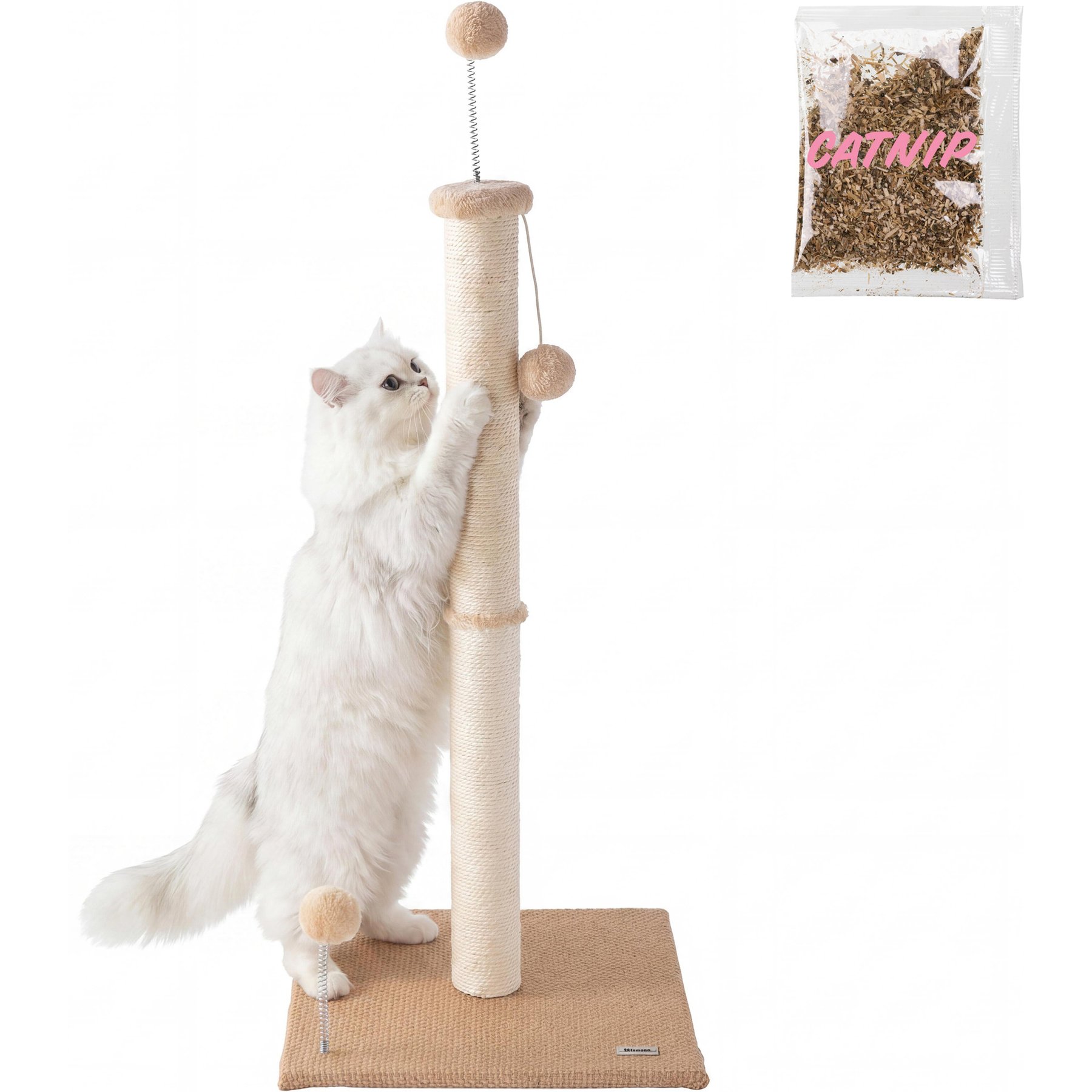 THE LICKER STORE Rylie 38-in Farmhouse Sisal Pillar with Fuzzy Toys & Spring Balls Cat Scratching Post, Brown/Cream