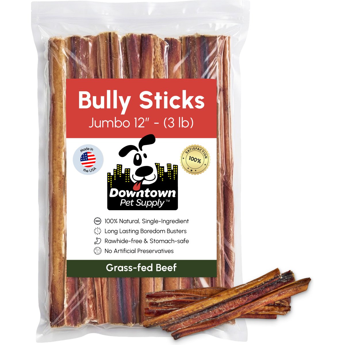Downtown Pet Supply 12-inch Premium USA Jumbo Bully Sticks Dog Chew, 3-lb bag