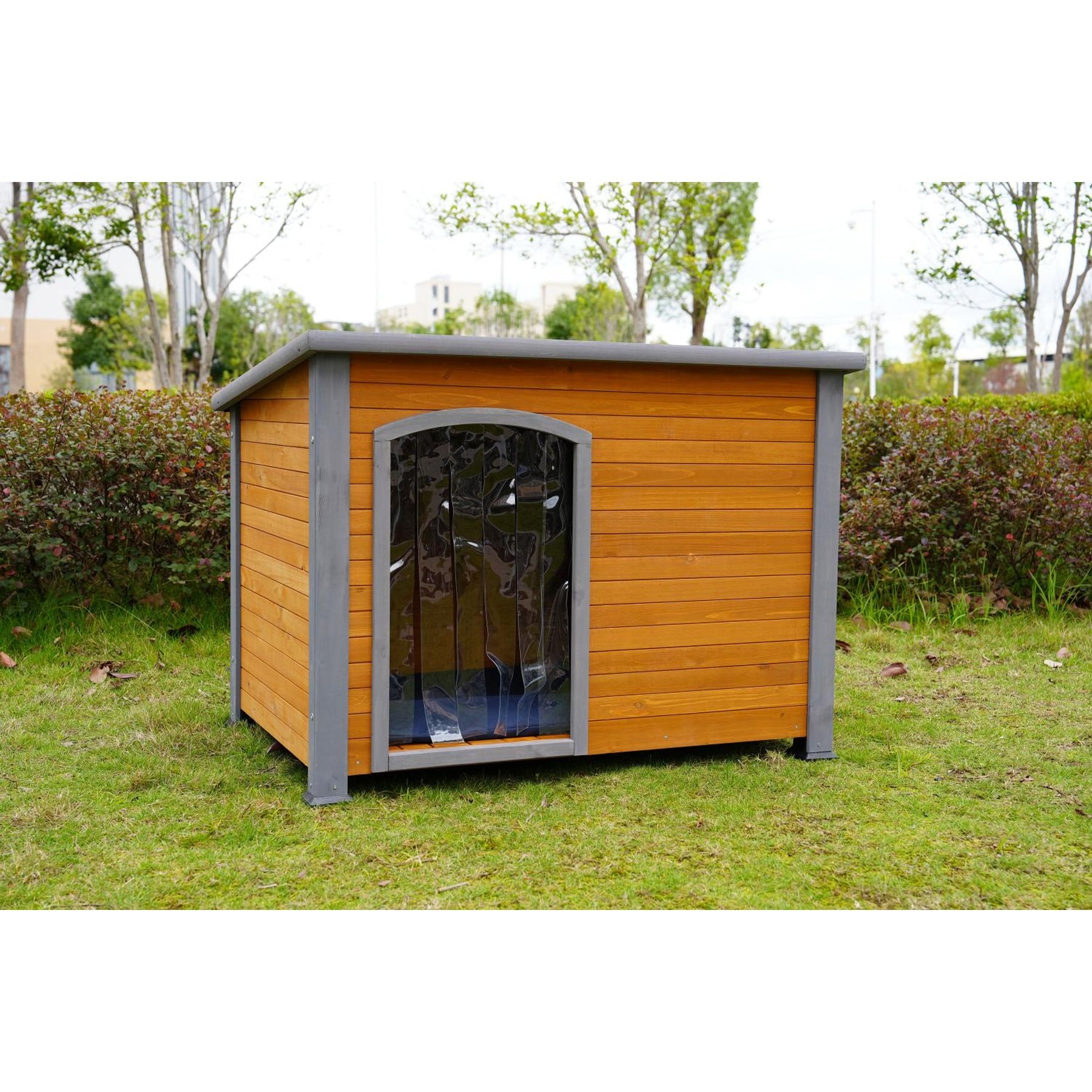 Zeus & Ruta Indoor & Outdoor Solid Wood Dog House with Plastic Curtain, Brown/Yellow