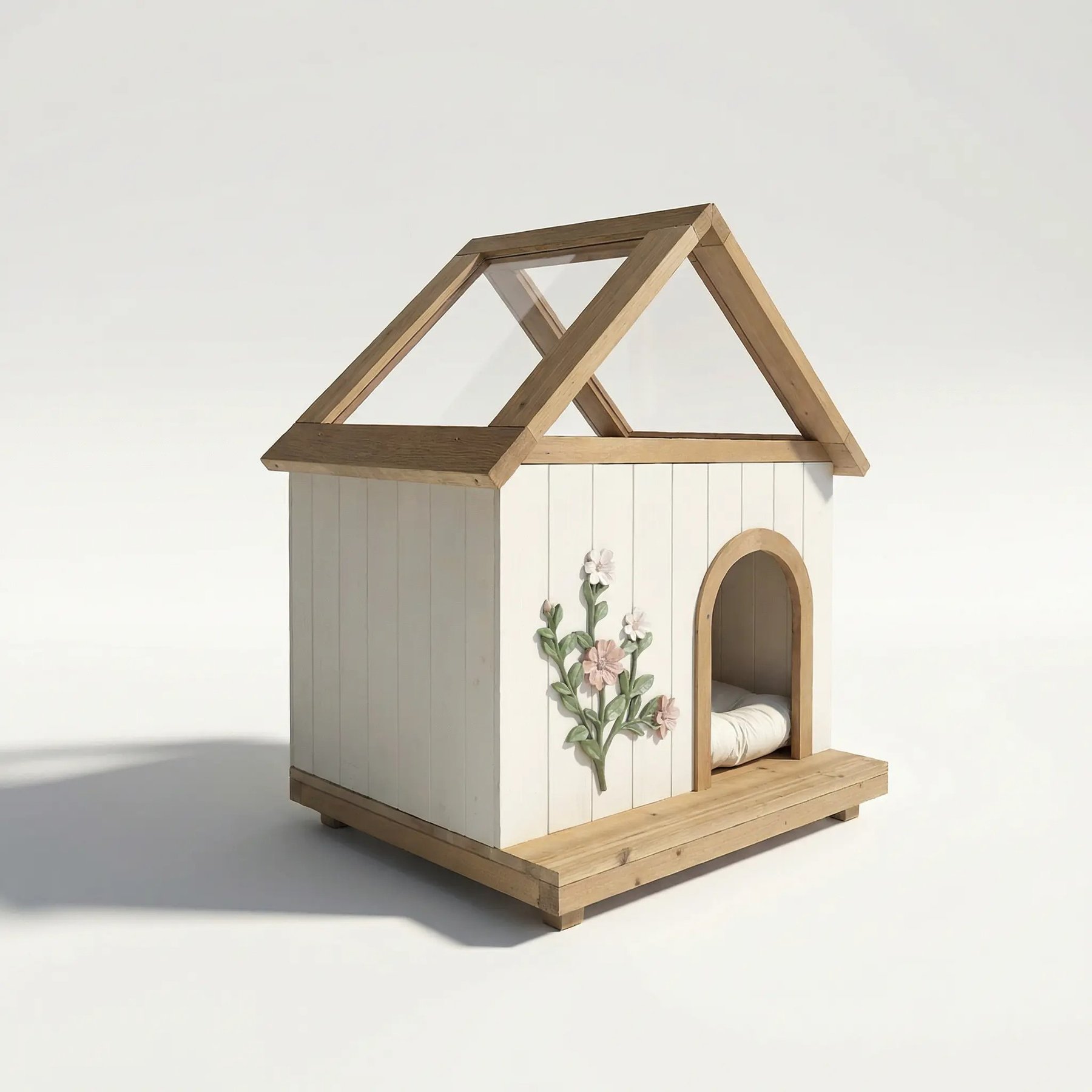 Zeus & Ruta Indoor Outdoor Wooden Cedar Dog House with Acrylic Roof, White