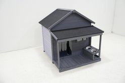 Zeus & Ruta Solid Wood Asphalt Roof Dog House with Large Terrace, Wooden Doors with Cleaning Mat & Feeding Bowl, Gray