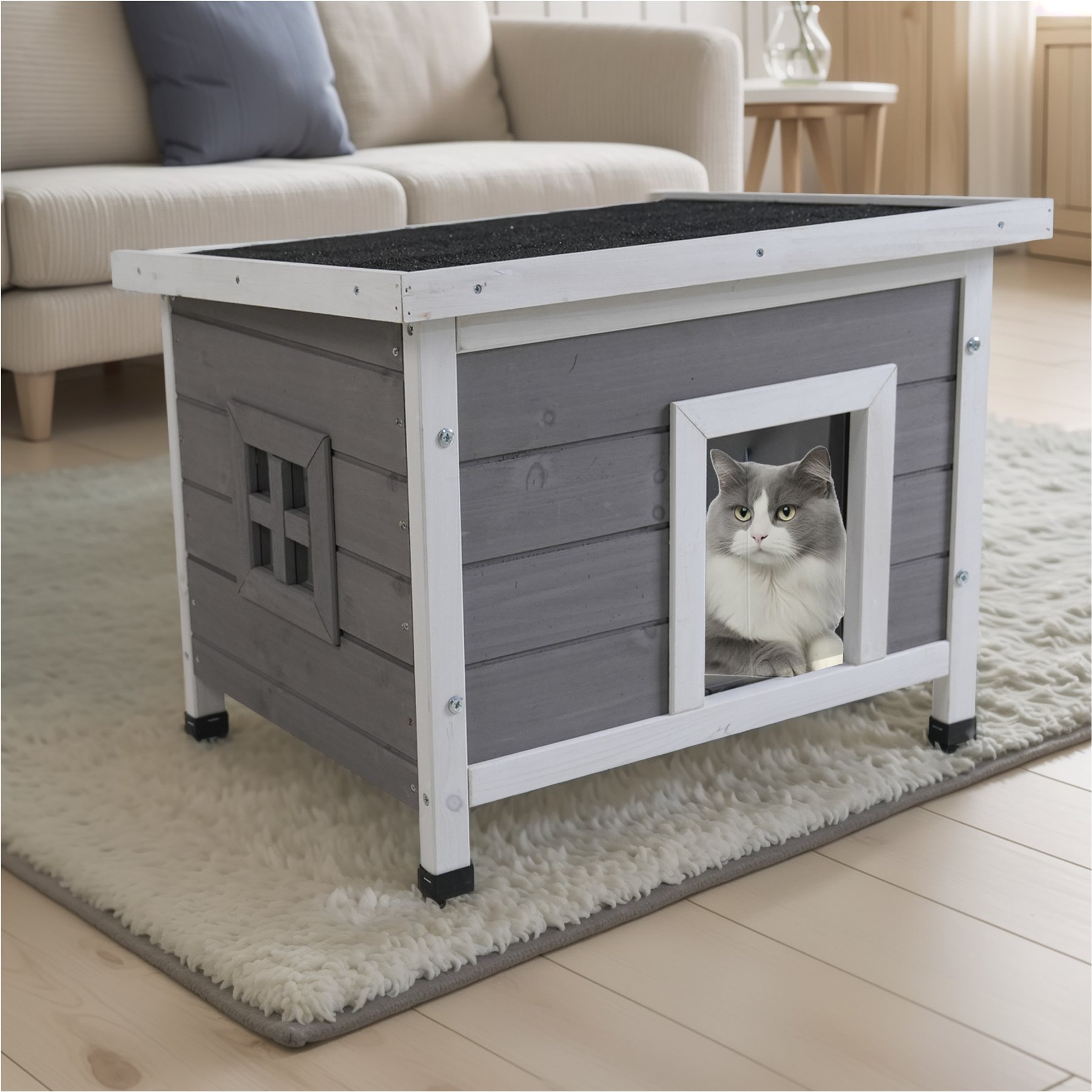 Zeus & Ruta Waterproof Outdoor Wooden Cat House with Asphalt Roof, Gray