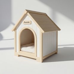 Zeus & Ruta Solid Cedar Wooden Dog House with EVA Cushion, Creamy White/Light Yellow