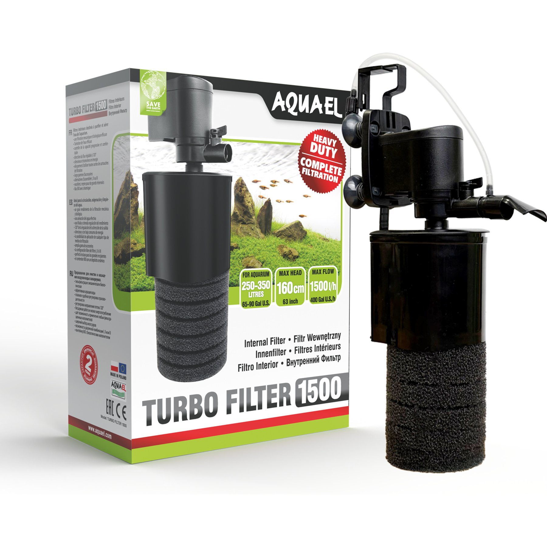 Aquael Turbo 1500 400 GPH Adjustable Flow BioCeraMAX Media Aeration Tube Box & Sponge Filter, 65 to 90-gal