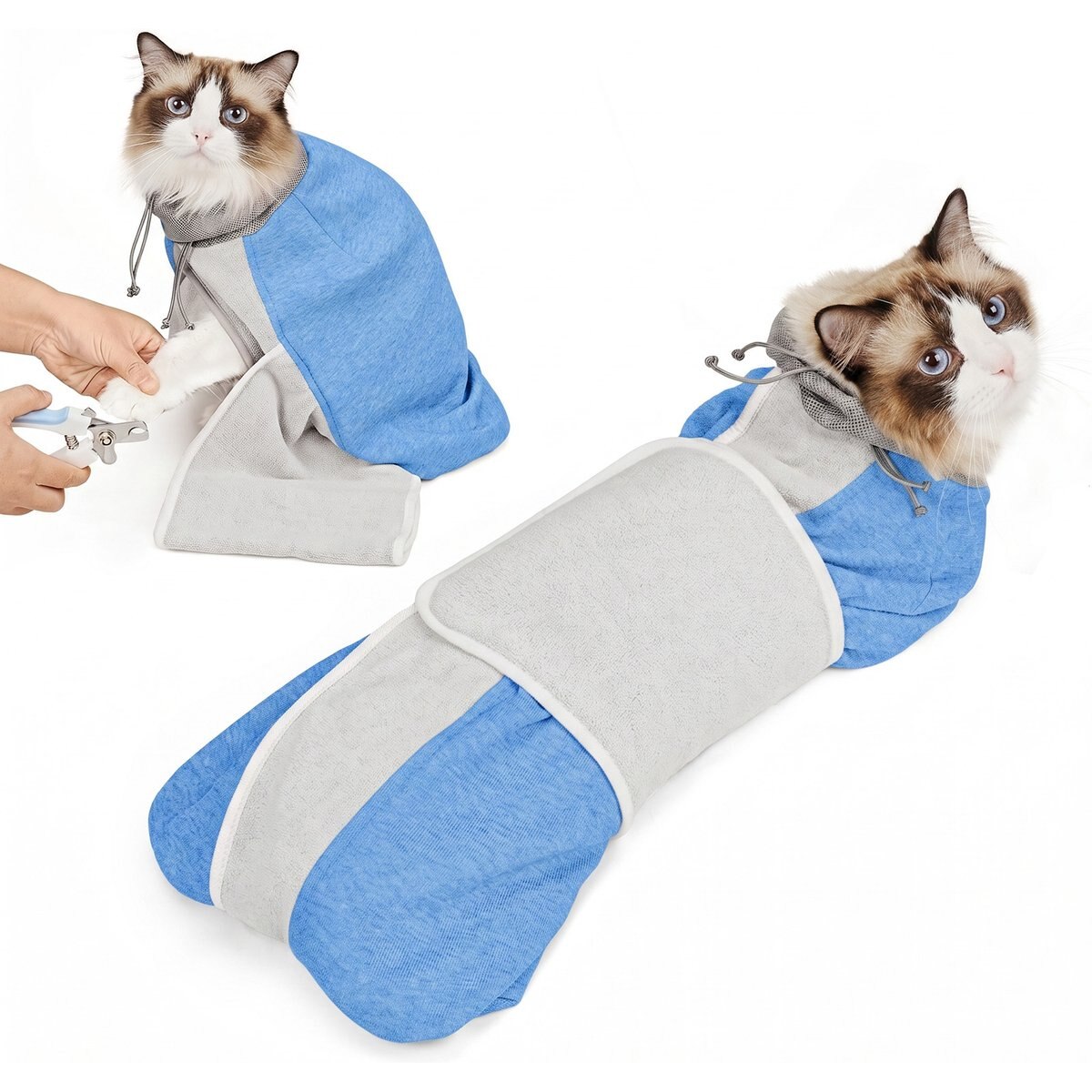 Supet Self-Adhesive Anti-Scratch Swaddle Cat Grooming Wrap for Cutting Nails, Blue, Large