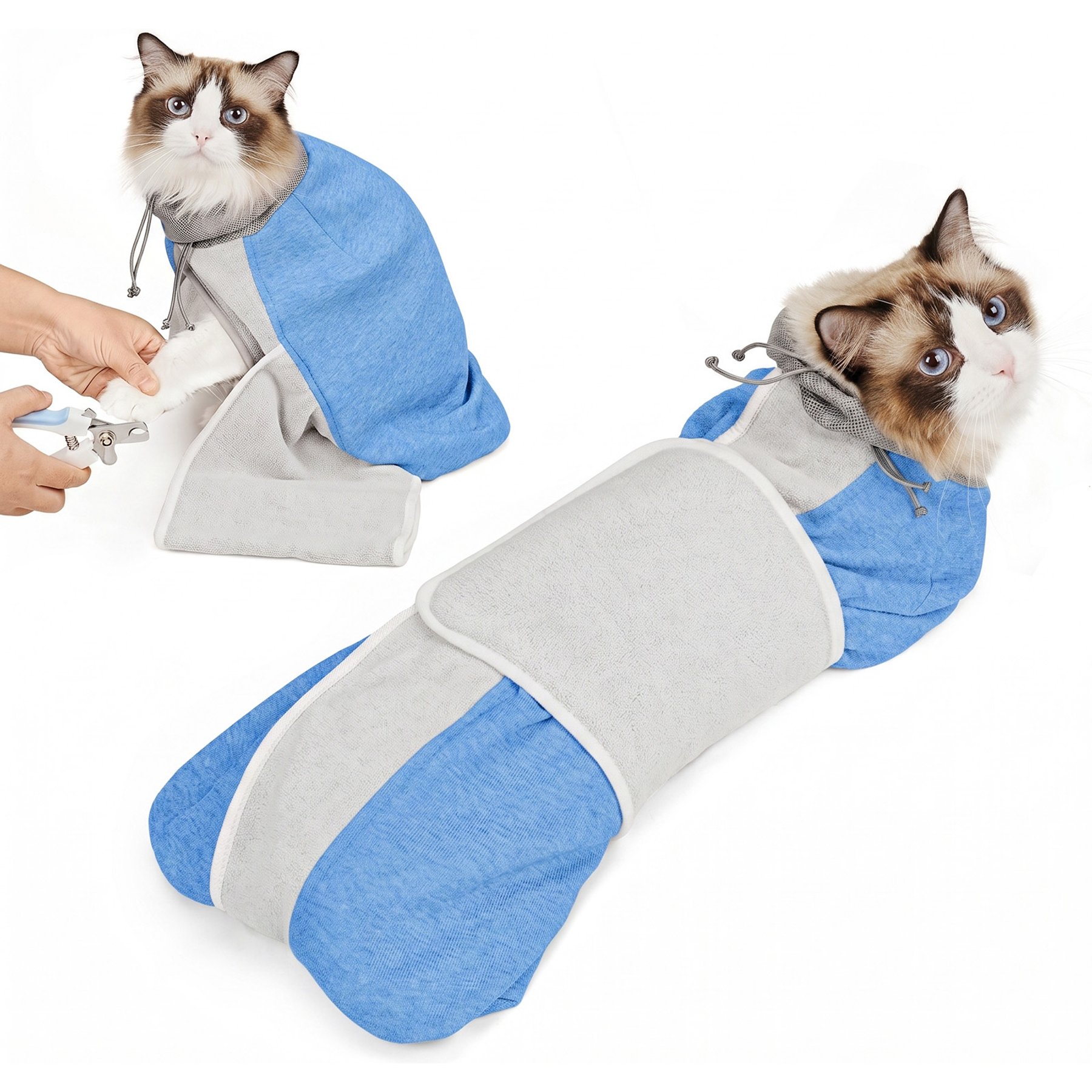 Supet Self-Adhesive Anti-Scratch Swaddle Cat Grooming Wrap for Cutting Nails, Blue, Large