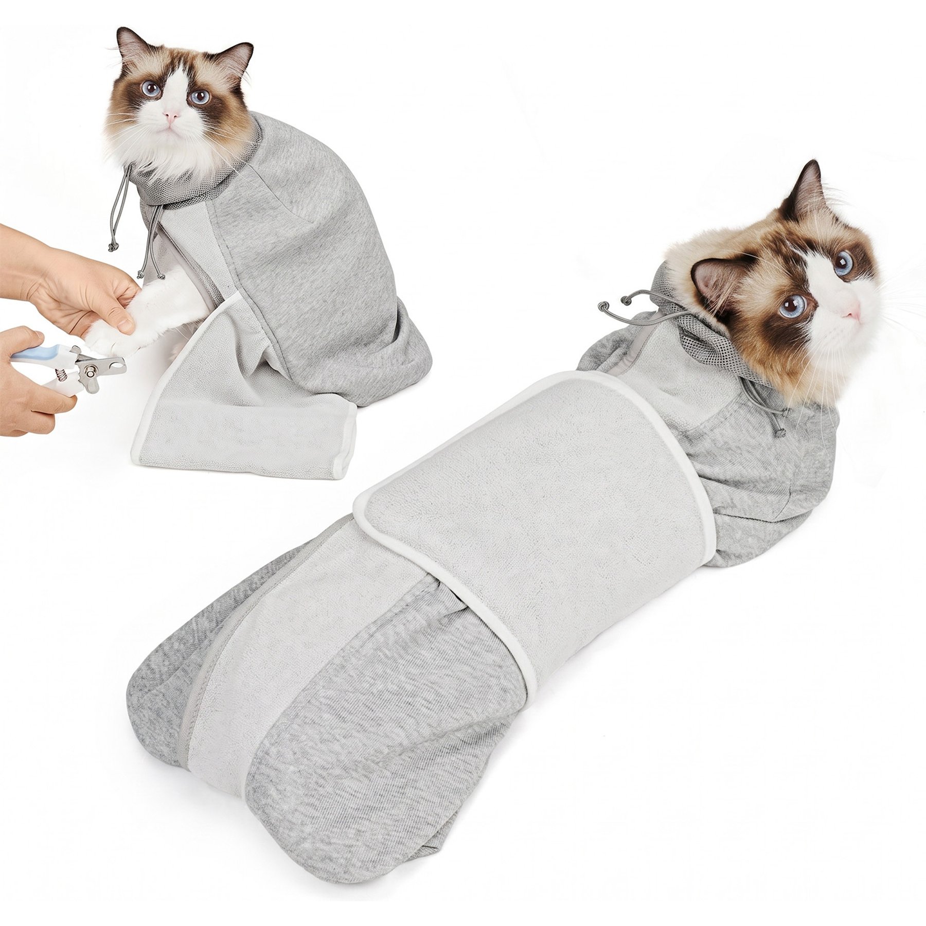 Supet Self-Adhesive Anti-Scratch Swaddle Cat Grooming Wrap for Cutting Nails, Grey, Small