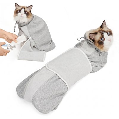 Supet Supet Self-Adhesive Anti-Scratch Swaddle Cat Grooming Wrap for Cutting Nails, Grey, Medium